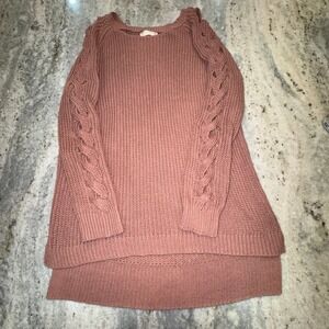 Alter'd State Women's Large Cable Knit Sweater Coral Pink Cold Shoulder